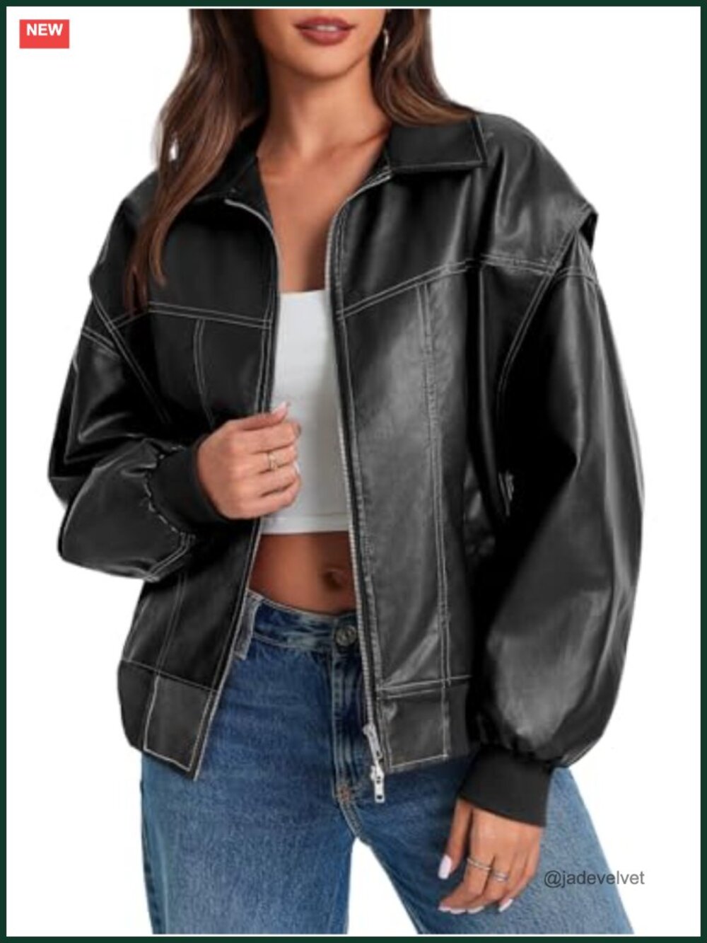 Oversized Faux Leather Bomber Jacket Zip Up Moto Biker Coat